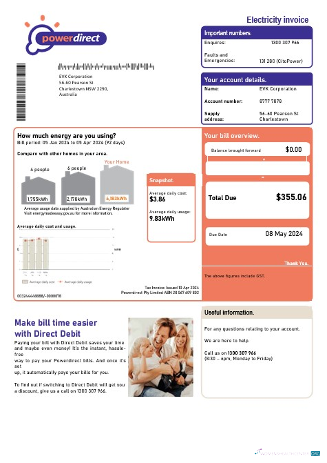Australia Powerdirect electricity business utility bill template in Word and PDF format